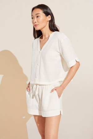 Πιζάμες Eberjey Crinkle Woven Short Sleeve Top & Short Set γυναικεια ασπρα | ALA1231AY