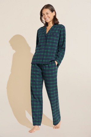 Πιζάμες Eberjey Flannel Long PJ Set γυναικεια σκουρο μπλε πρασινο | GAE7267QR