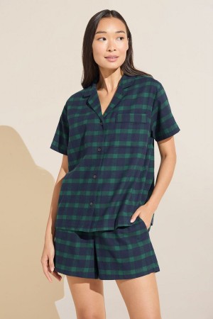 Πιζάμες Eberjey Flannel Short PJ Set γυναικεια σκουρο μπλε πρασινο | THI10088FC