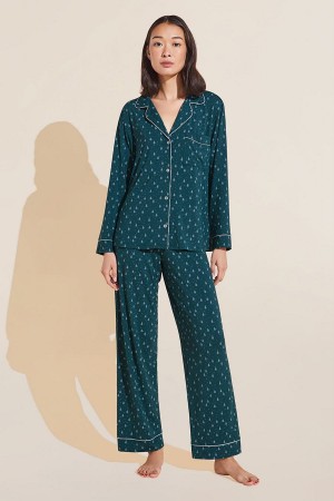 Πιζάμες Eberjey Gisele Printed TENCEL™ Modal Long PJ Set γυναικεια σκούρο πρασινο ασπρα | ZFZ288PT