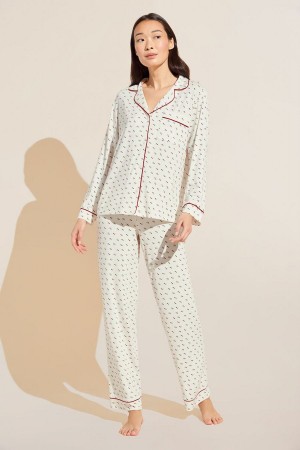 Πιζάμες Eberjey Gisele Printed TENCEL Modal Long PJ Set γυναικεια ασπρα κοκκινα | XBJ861JO