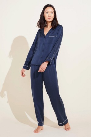 Πιζάμες Eberjey Inez Washable Silk Long PJ Set γυναικεια σκουρο μπλε | NNN8943FI