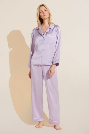 Πιζάμες Eberjey Inez Washable Silk Long PJ Set γυναικεια μωβ ασπρα | HYD7932KU