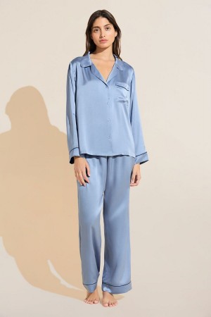 Πιζάμες Eberjey Inez Washable Silk Long PJ Set γυναικεια μπλε σκουρο μπλε | CTH5179HJ