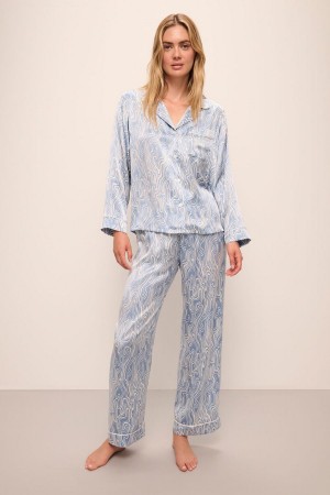 Πιζάμες Eberjey Inez Washable Silk Printed Long PJ Set γυναικεια μπλε ασπρα | THX5490FH