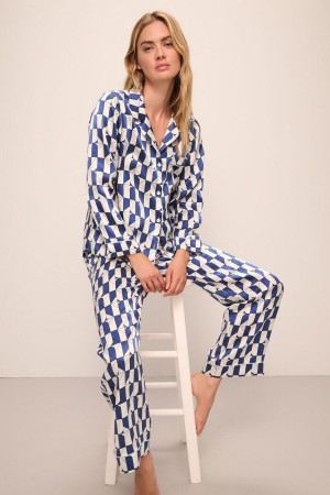 Πιζάμες Eberjey Inez Washable Silk Printed Long PJ Set γυναικεια μπλε ασπρα | XQQ2030GR