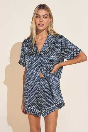 Πιζάμες Eberjey Inez Washable Silk Printed Short PJ Set γυναικεια μπλε σκουρο μπλε Μπεζ | VTO4348II