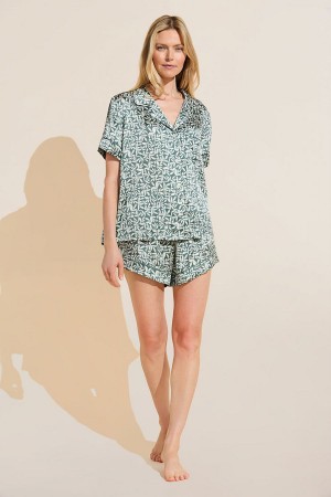 Πιζάμες Eberjey Inez Washable Silk Printed Short PJ Set γυναικεια πρασινο ασπρα | YQN8987LF