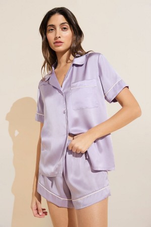 Πιζάμες Eberjey Inez Washable Silk Short PJ Set γυναικεια μωβ ασπρα | FII2479VV