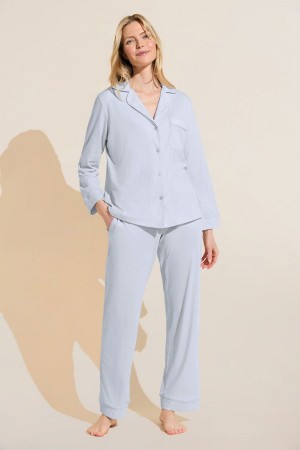 Πιζάμες Eberjey Organic Pima Cotton Notch Collar Top & Pant PJ Set γυναικεια μπλε | SZA363EP