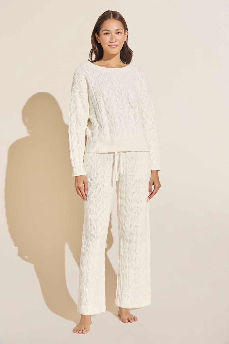 Παντελονι Eberjey Cable Knit Recycled Sweater Straight Leg γυναικεια ασπρα | KVE6283WU