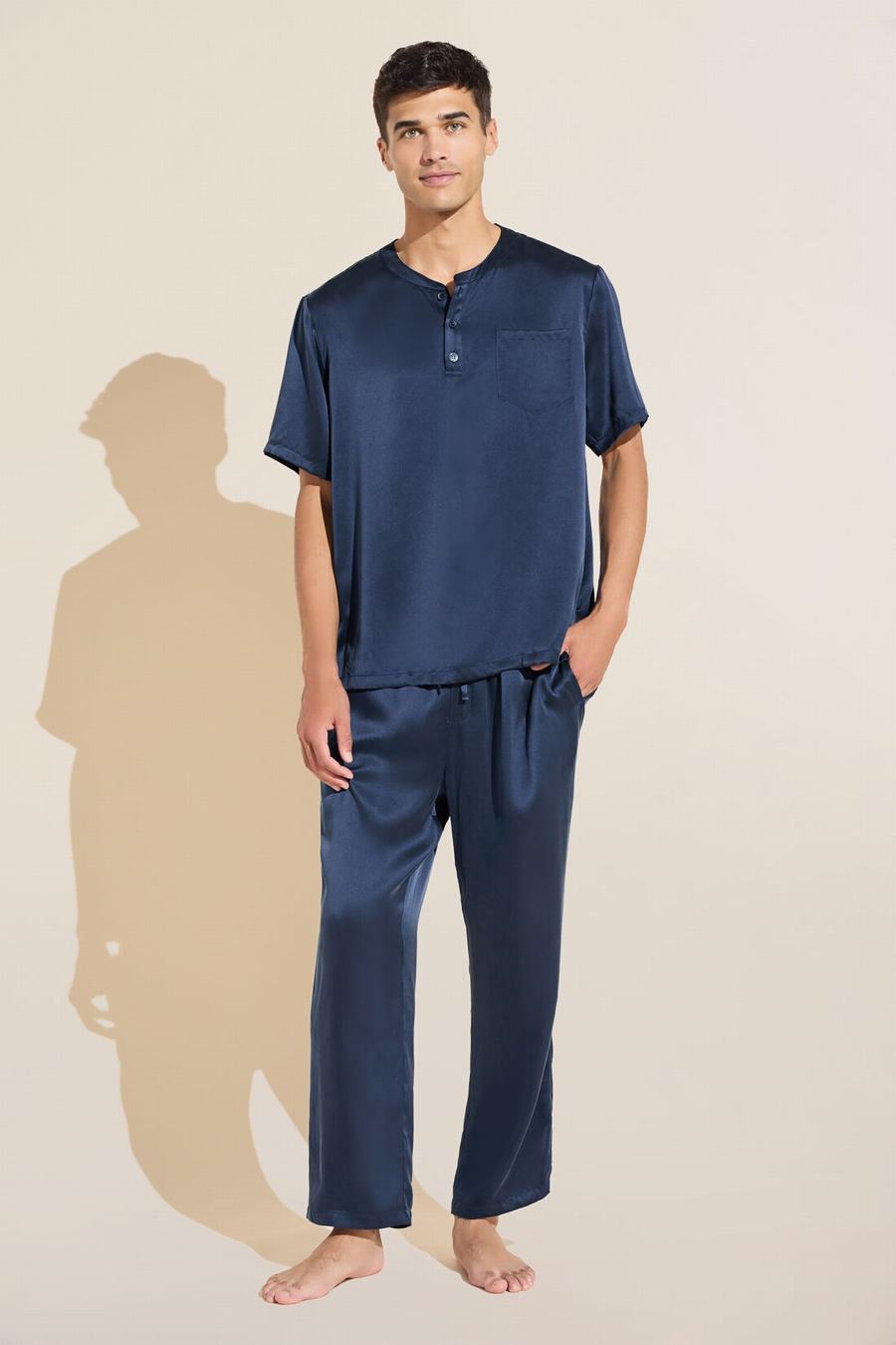 Πιζάμες Eberjey Charles Washable Silk Short Sleeve & Pant PJ Set ανδρικα σκουρο μπλε | SMO2417OP