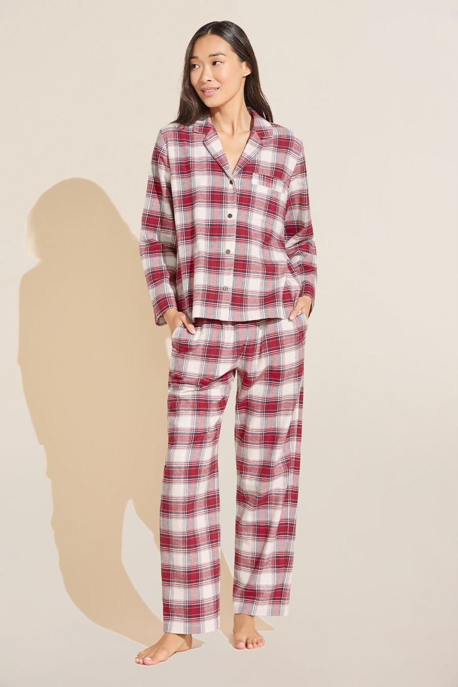 Πιζάμες Eberjey Flannel Long PJ Set γυναικεια κοκκινα ασπρα | VTE526GV