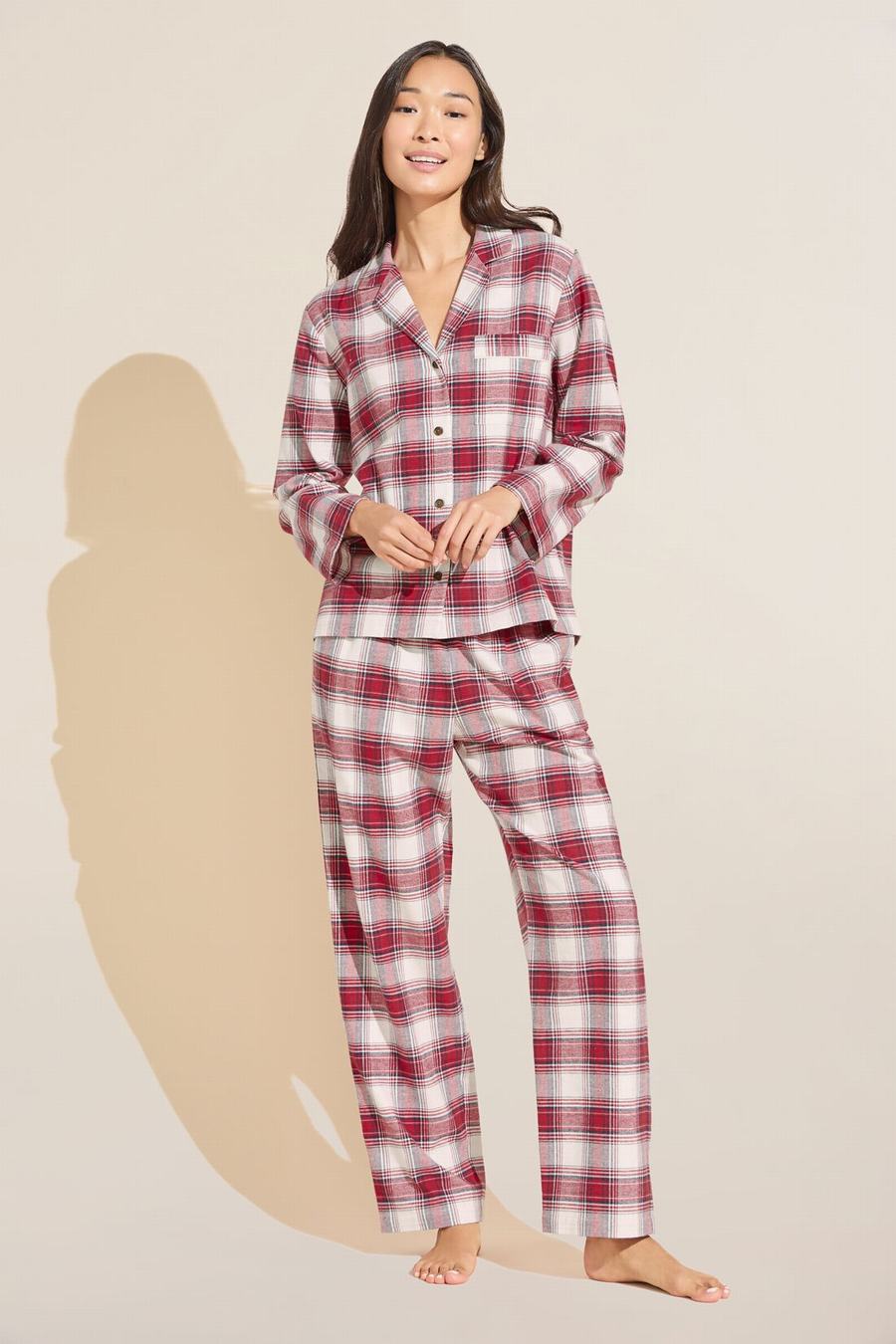 Πιζάμες Eberjey Flannel Long PJ Set γυναικεια κοκκινα ασπρα | VTE526GV