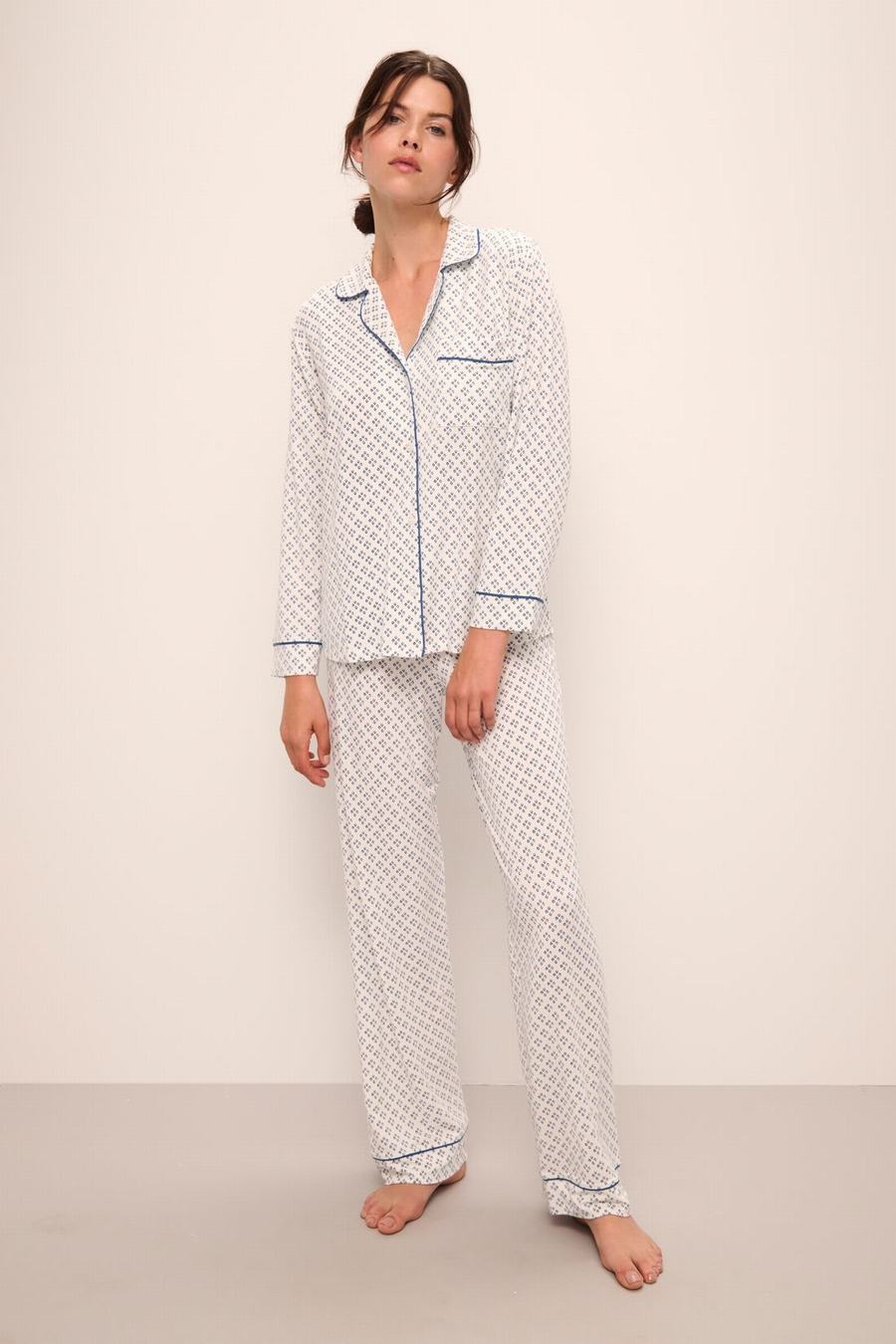 Πιζάμες Eberjey Gisele Printed TENCEL™ Modal Long PJ Set γυναικεια ασπρα μπλε | YTG361PS