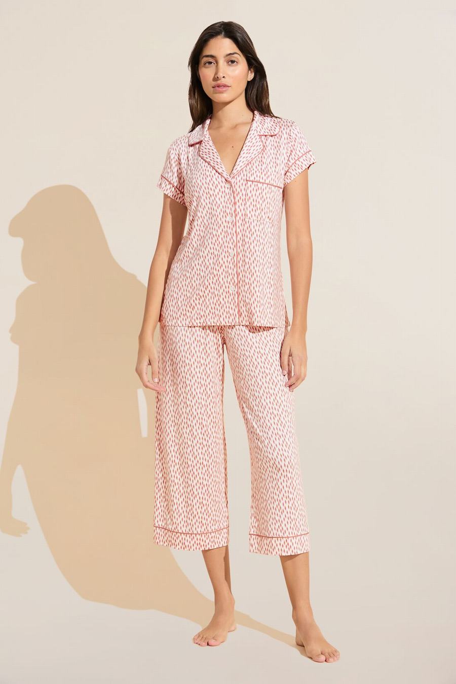 Πιζάμες Eberjey Gisele Printed TENCEL™ Modal Short Sleeve Cropped PJ Set γυναικεια σκούρο κοκκινα ροζ ασπρα | MAC2531QH