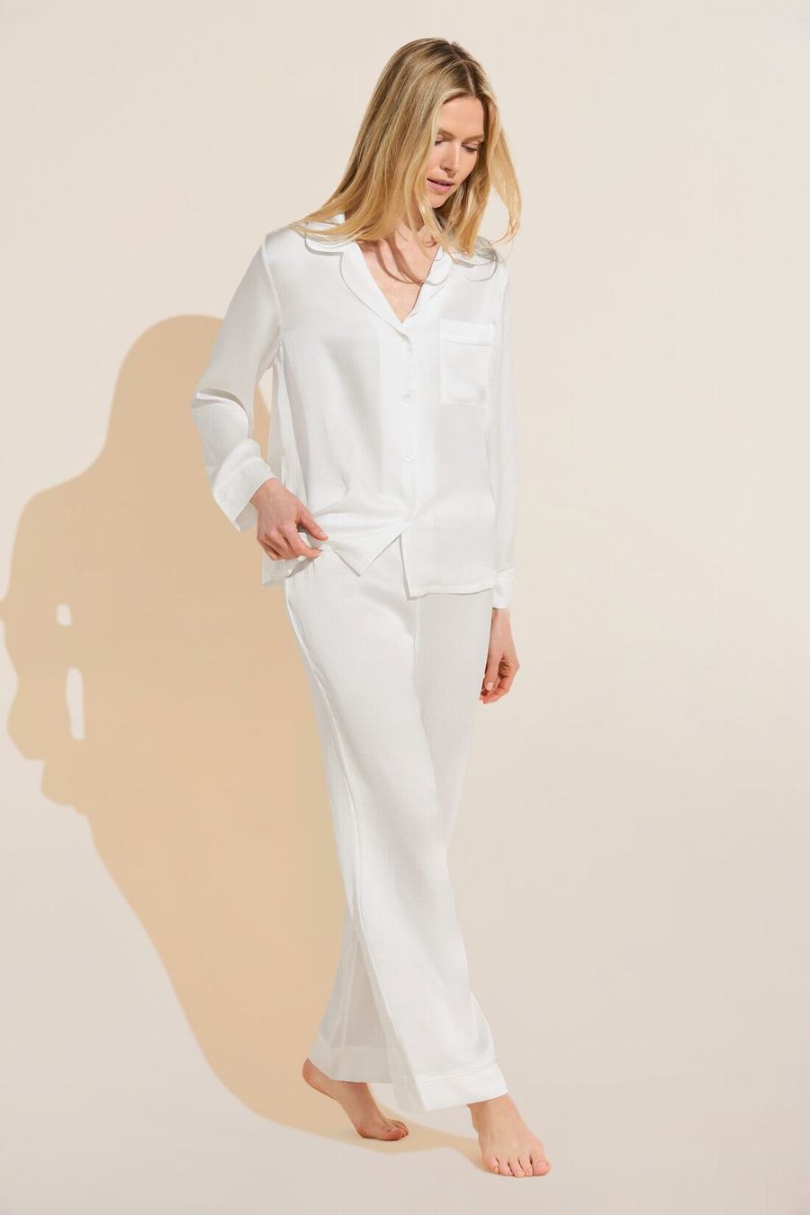 Πιζάμες Eberjey Inez Textured Washable Silk Long PJ Set γυναικεια ασπρα | TNX9040SK