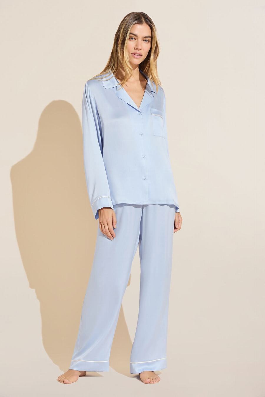 Πιζάμες Eberjey Inez Washable Silk Long PJ Set γυναικεια μπλε | RKI7611ED