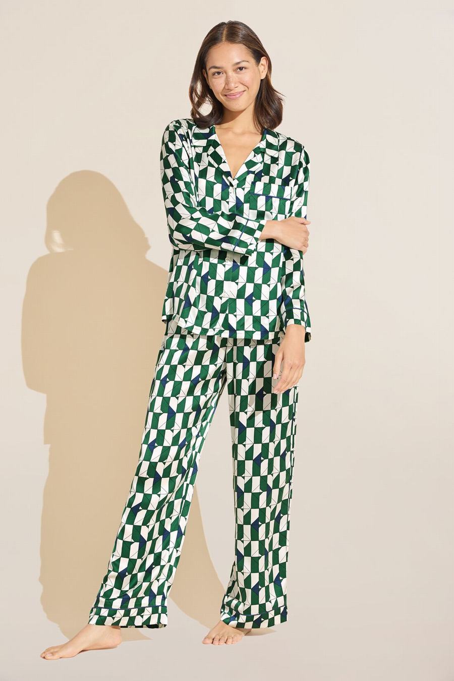 Πιζάμες Eberjey Inez Washable Silk Printed Long PJ Set γυναικεια πρασινο σκουρο μπλε ασπρα | XDA9262UC