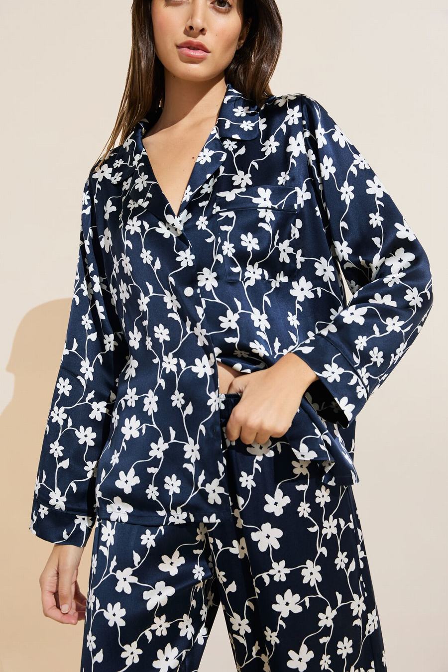 Πιζάμες Eberjey Inez Washable Silk Printed Long PJ Set γυναικεια σκουρο μπλε ασπρα | VYJ881LD