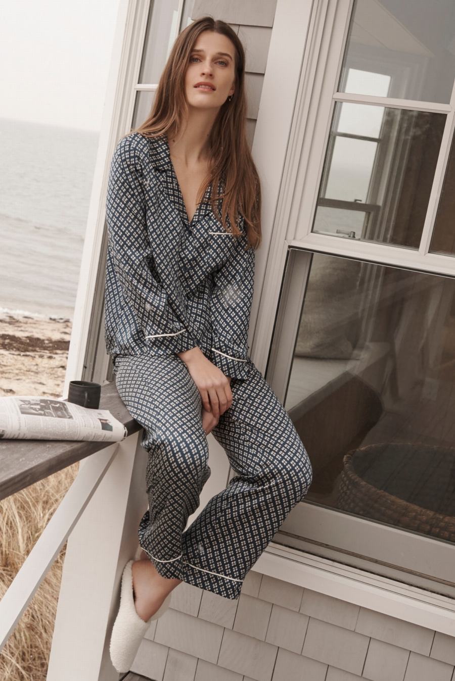 Πιζάμες Eberjey Inez Washable Silk Printed Long PJ Set γυναικεια μπλε σκουρο μπλε Μπεζ | HOG8232GC