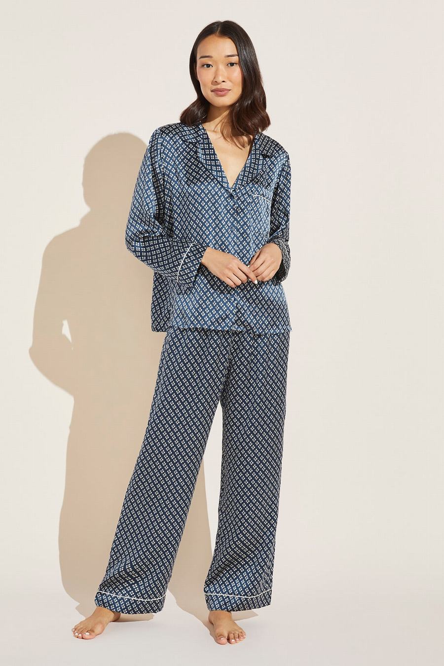 Πιζάμες Eberjey Inez Washable Silk Printed Long PJ Set γυναικεια μπλε σκουρο μπλε Μπεζ | HOG8232GC